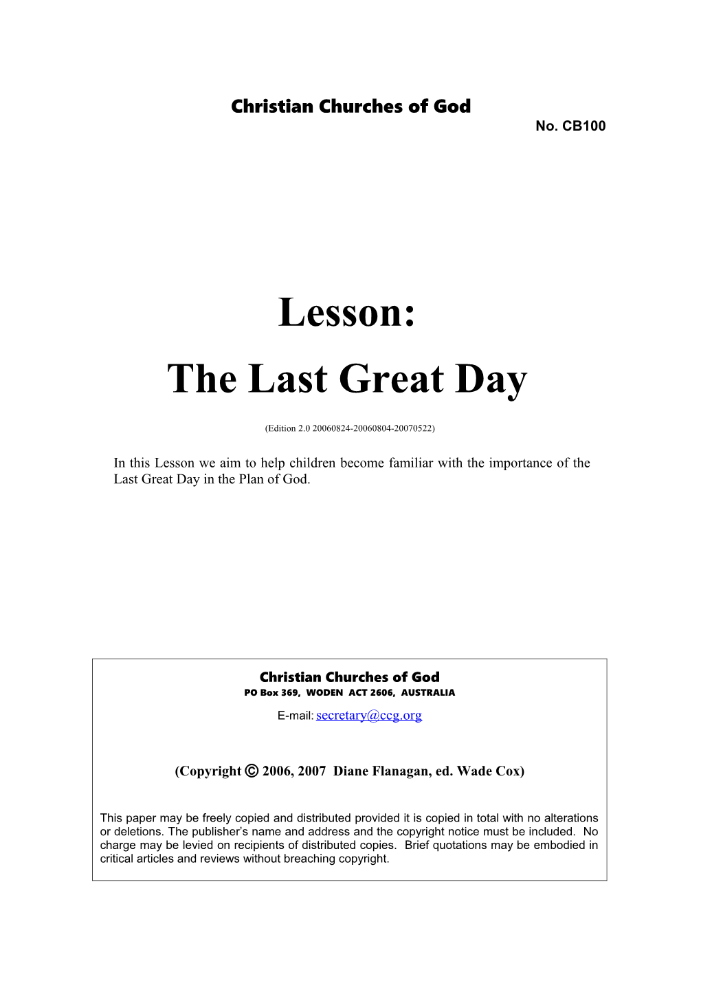 Lesson: the Last Great Day (No. CB100)