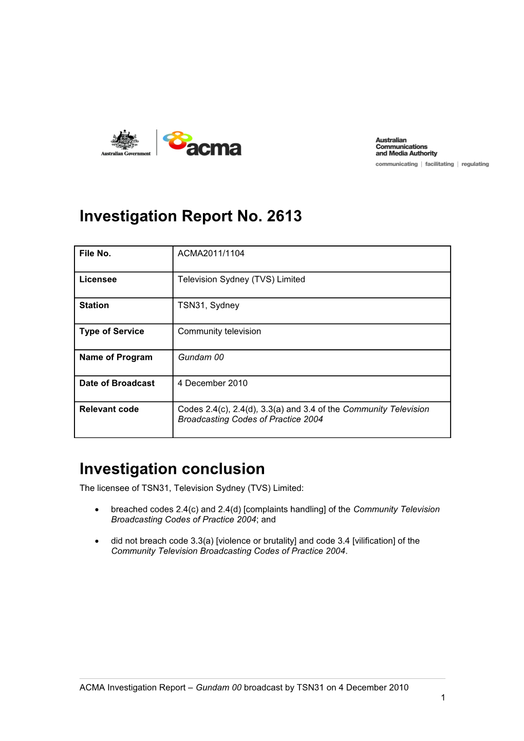 TSV/TSN31 Sydney - ACMA Investigation Report 2613