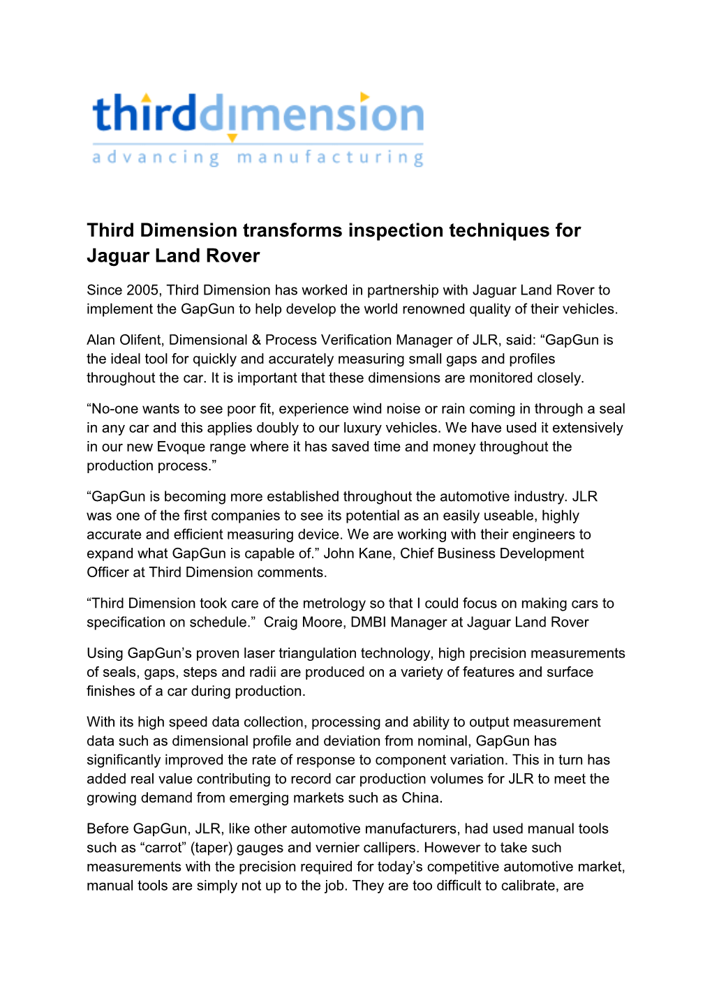 Third Dimension Transforms Inspection Techniques for Jaguar Land Rover