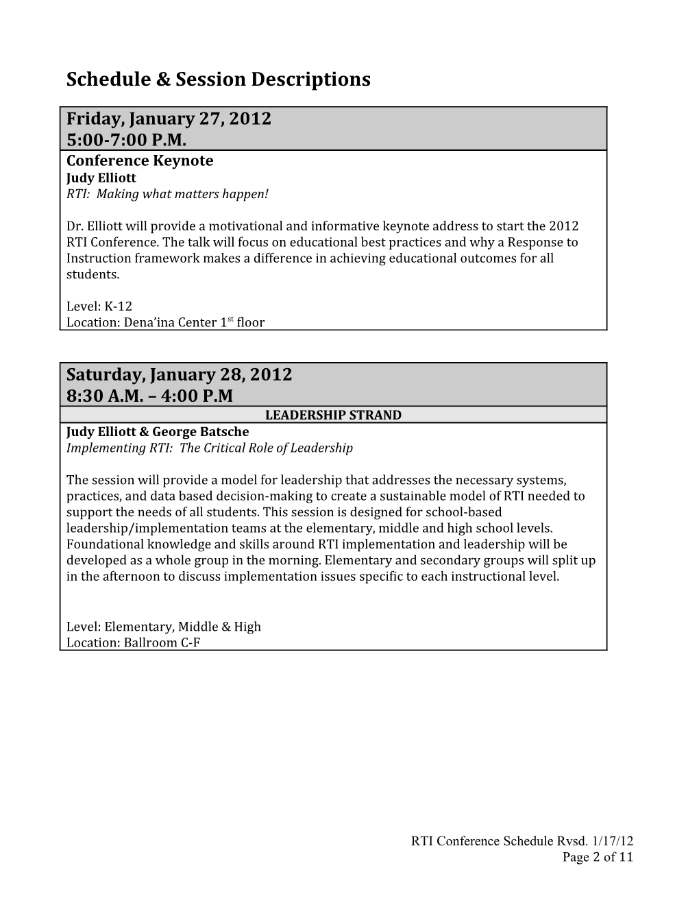 2012 RTI Conference Schedule