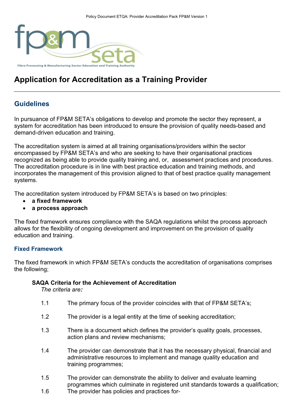 Application for Accreditation As a Training Provider