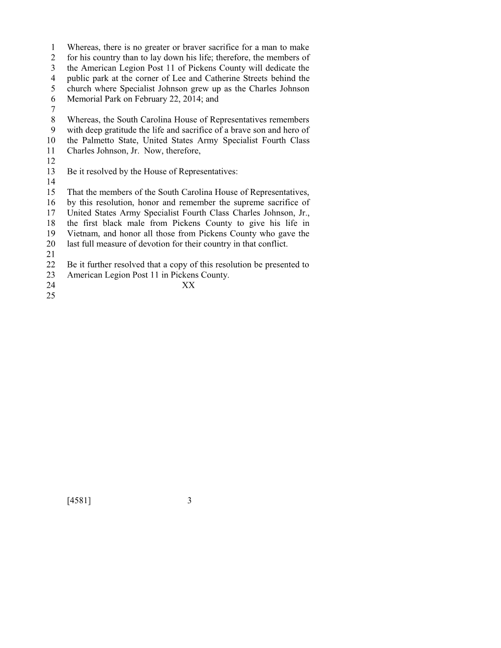 2013-2014 Bill 4581: Specialist Fourth Class Charles Johnson, Jr. - South Carolina Legislature
