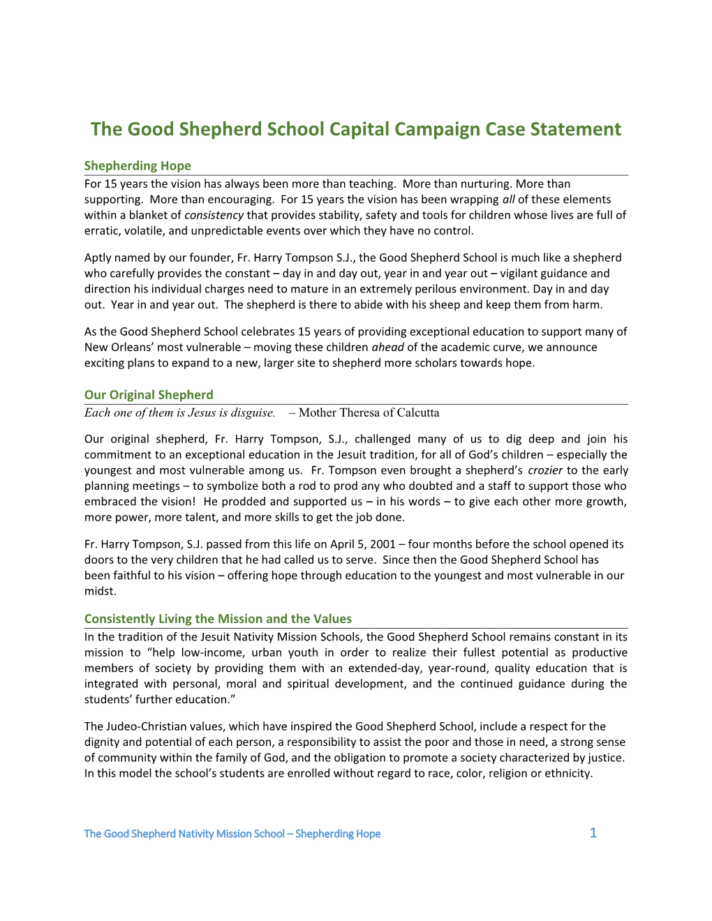 The Good Shepherd School Capital Campaign Case Statement