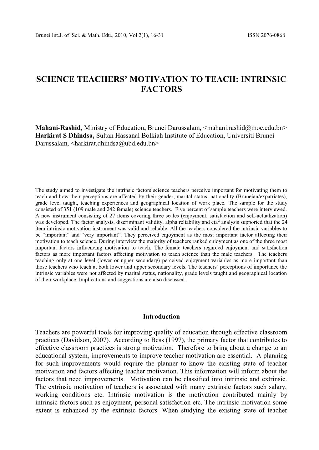 Science Teachers Motivation to Teach: Intrinsic Factors