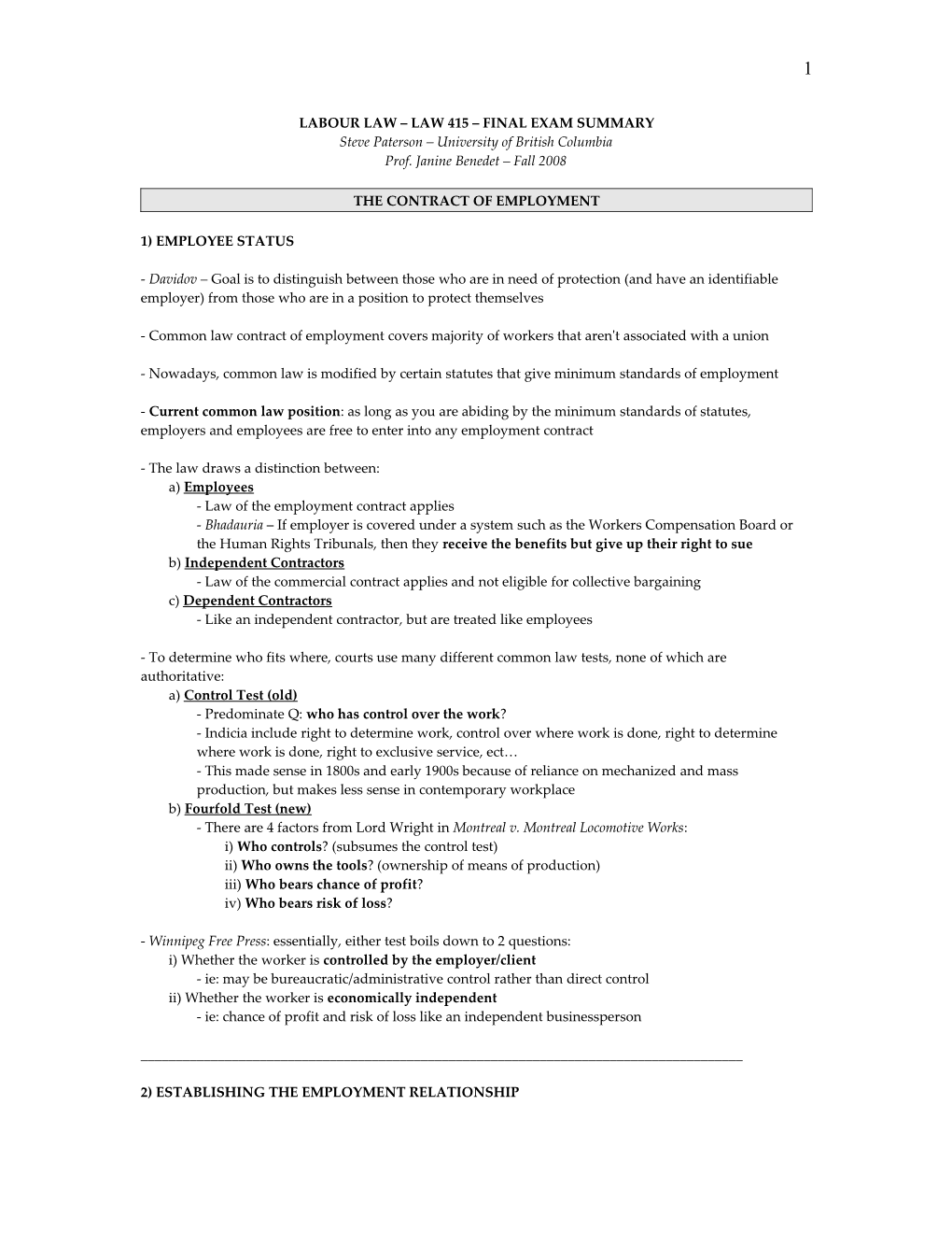 Labour Law Law 415 Final Exam Summary