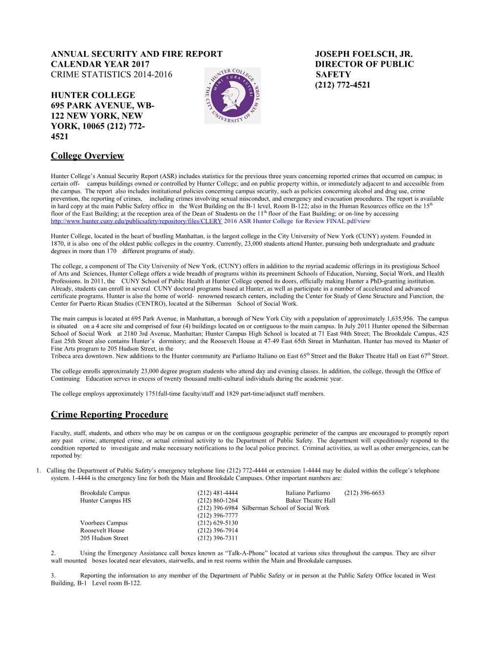 CLERY 2016 ASR Hunter College for Review with Crime Stats