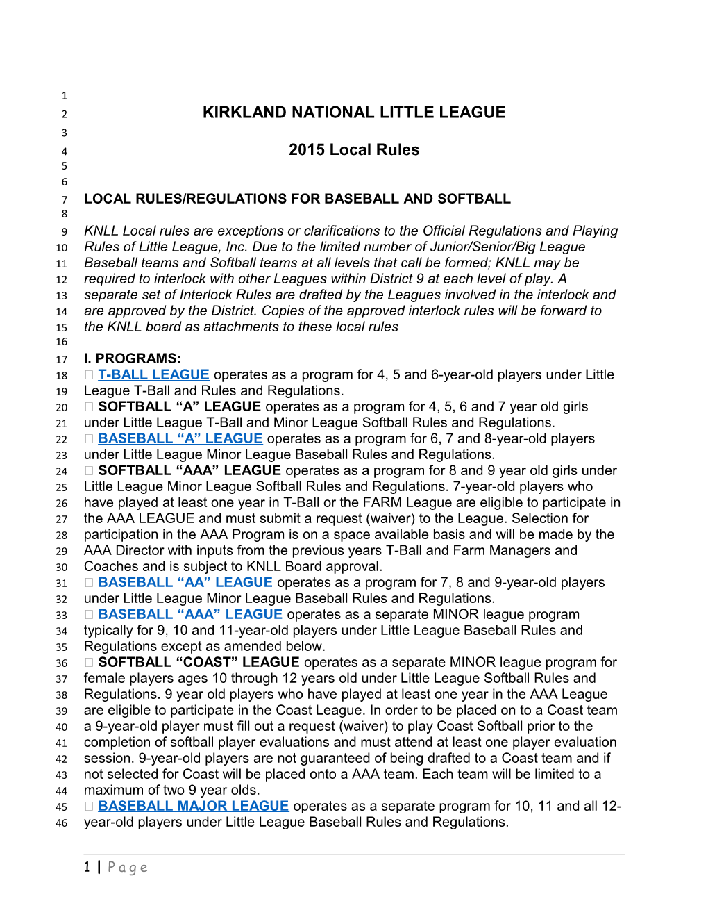 Local Rules/Regulations for Baseball and Softball