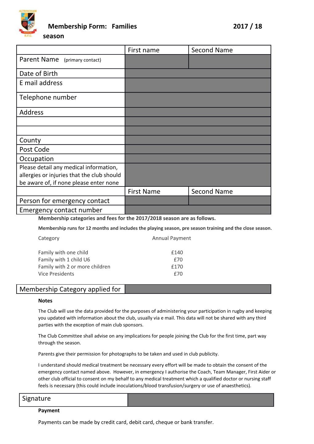 Membership Categories and Fees for the 2017/2018 Season Are As Follows