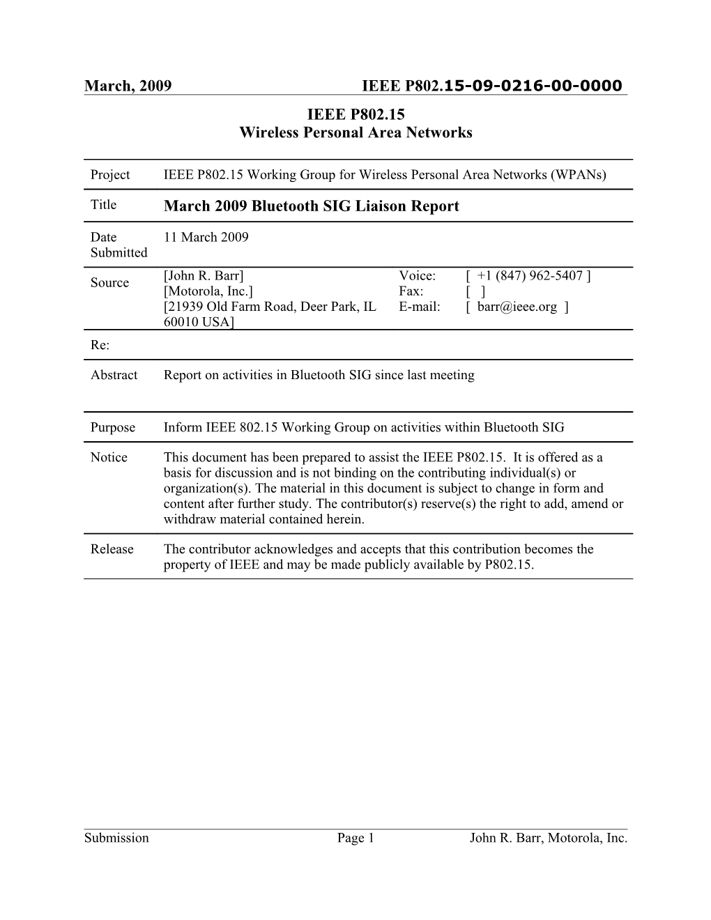 March 2009 Bluetooth SIG Liaison Report