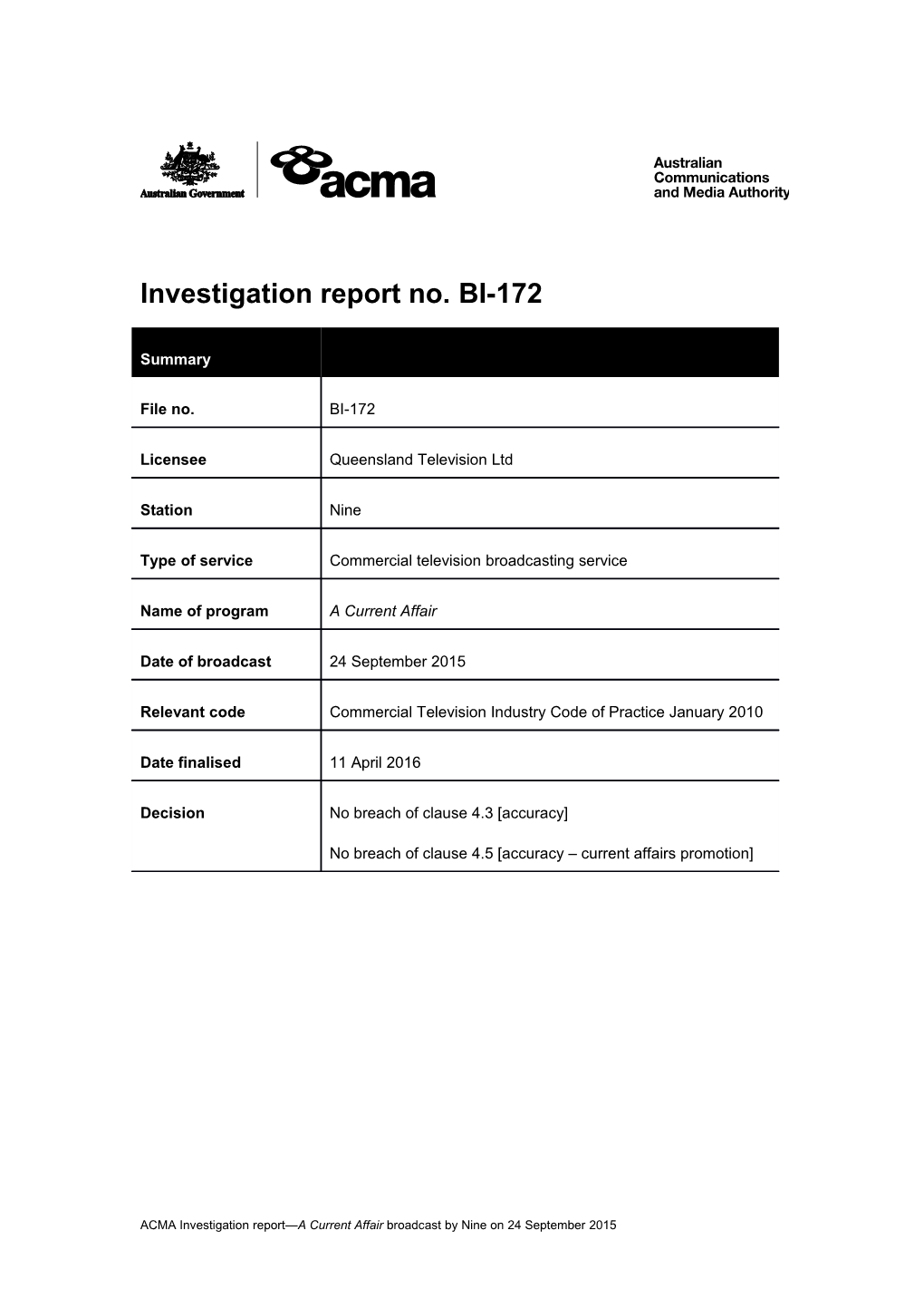 Investigation Report No. BI-172