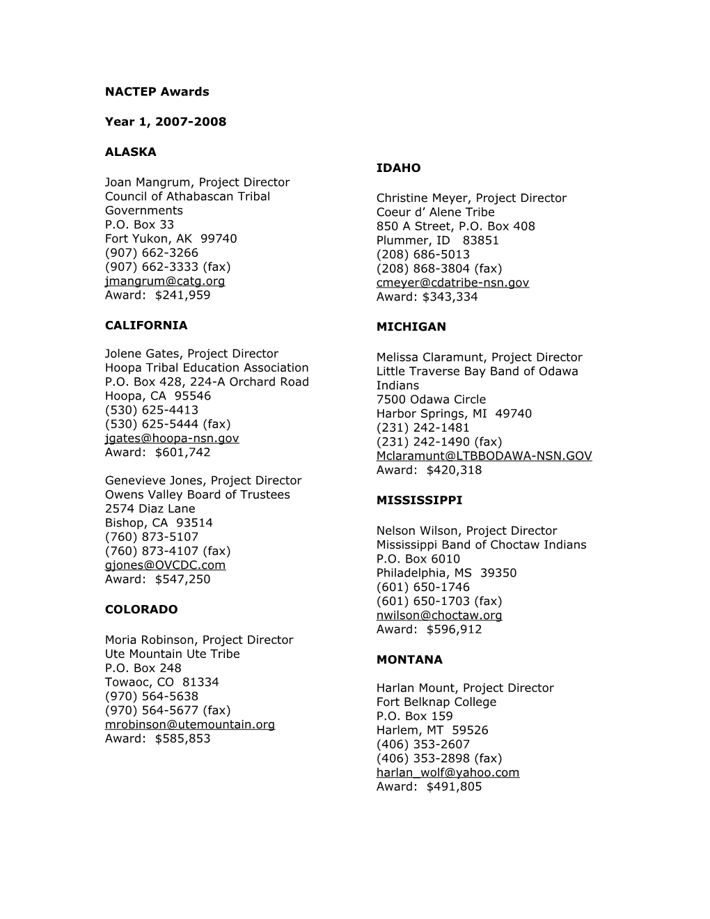 Native American Career and Technical Education Program 2007-2008 Awards (MS Word)