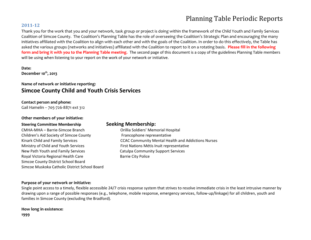 Planning Table Periodic Reports