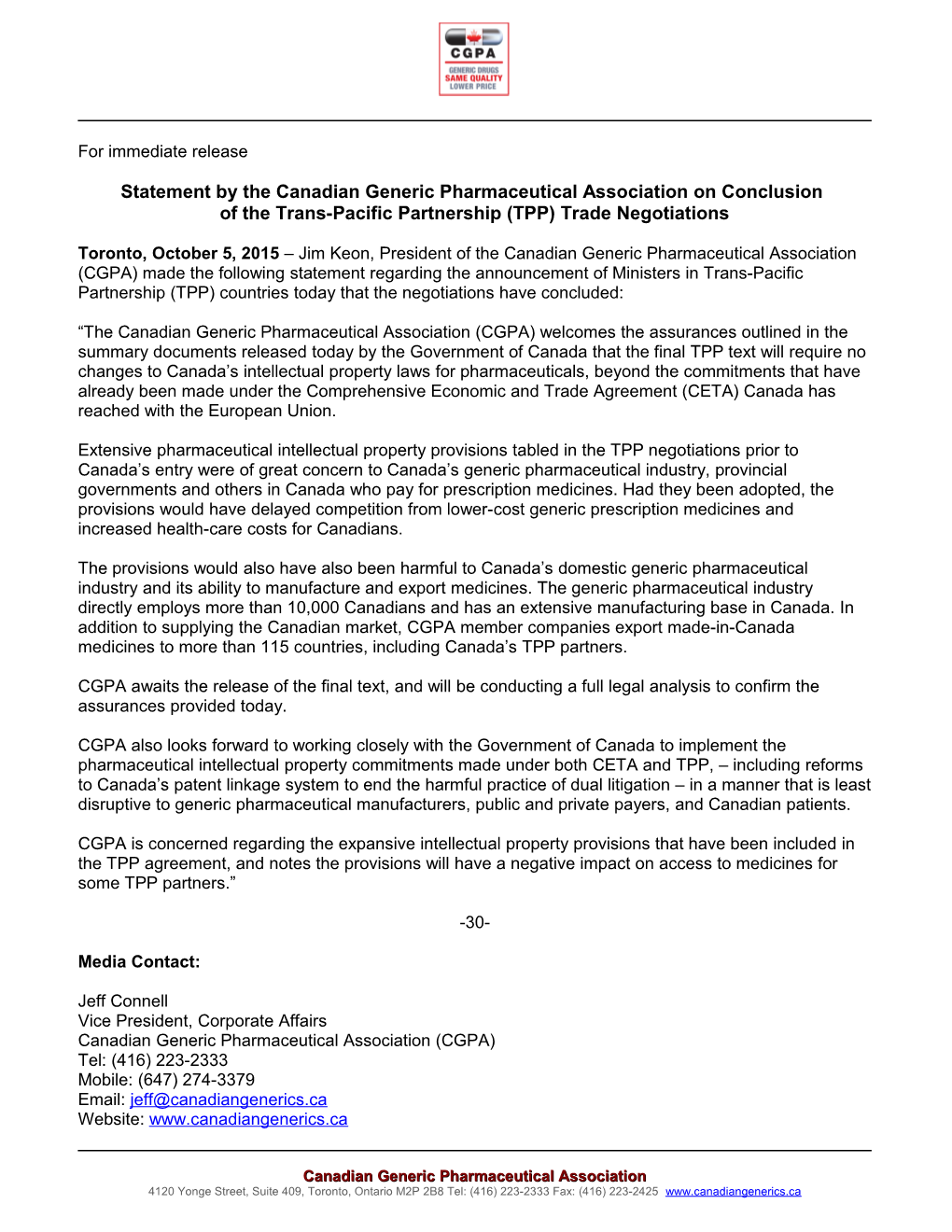 Statement by the Canadian Generic Pharmaceutical Association on Conclusion