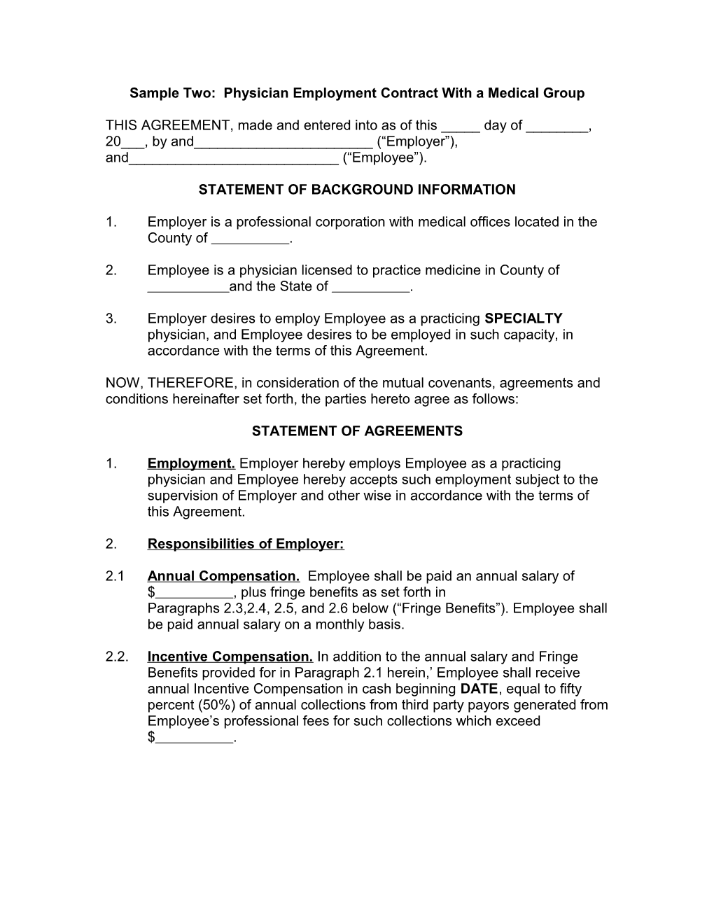 Sample Medical Group Employment Agreement