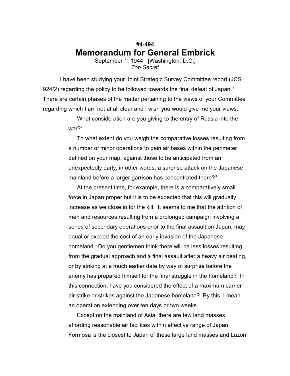 Memorandum for General Embrick