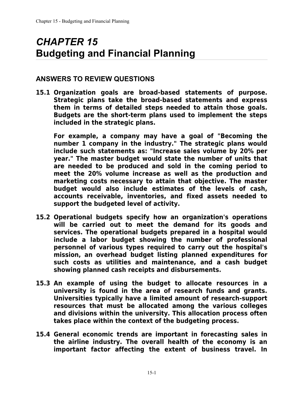 Chapter 15 - Budgeting and Financial Planning