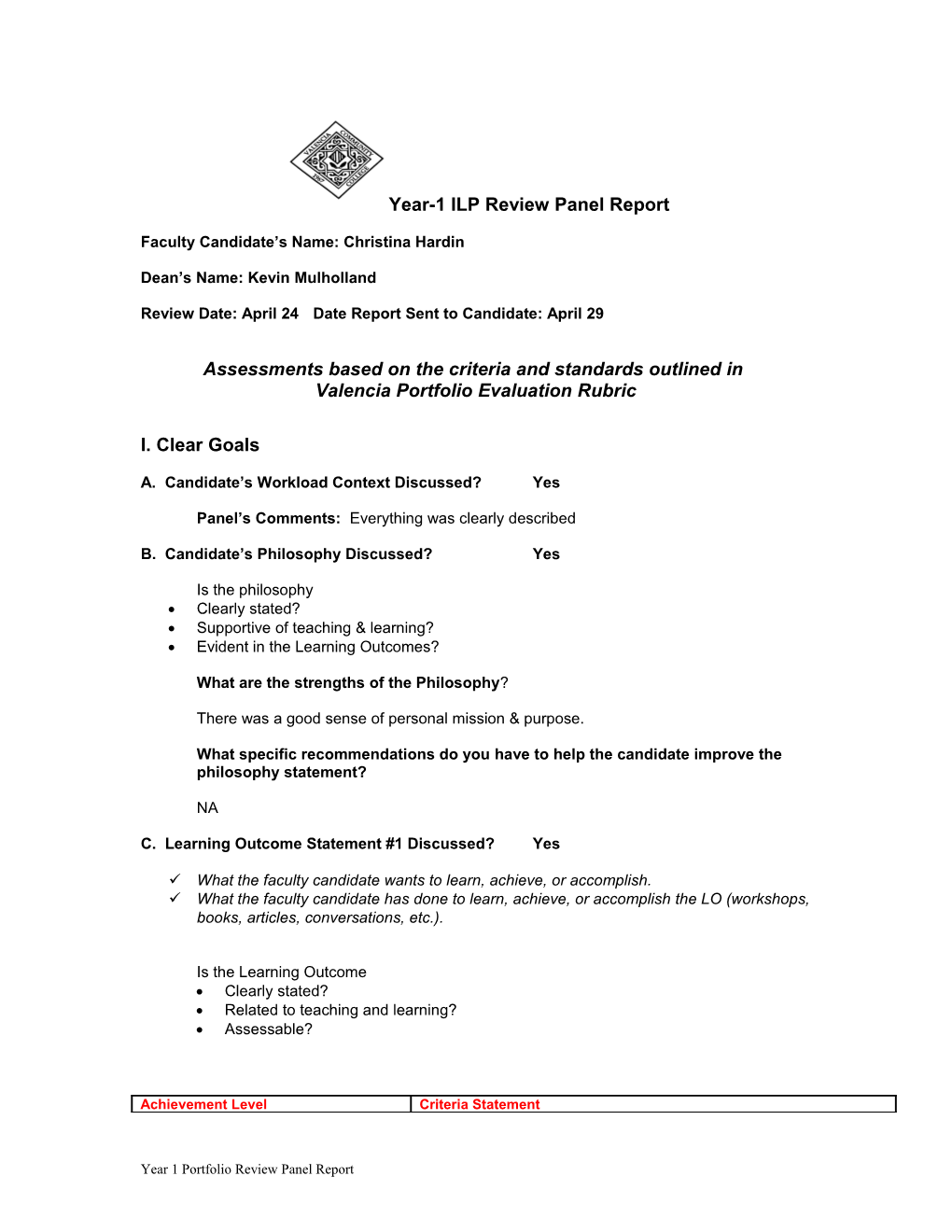 Year-1 ILP Review Panel Reporting Guide