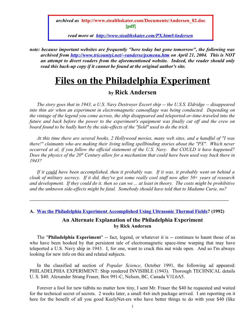 Files on the Philadelphia Experiment