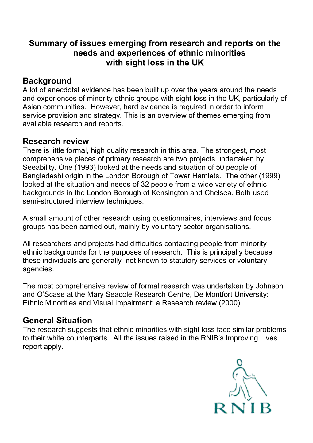 Summary of Specific Research on the Needs of Ethnic Minorities with Sight Loss