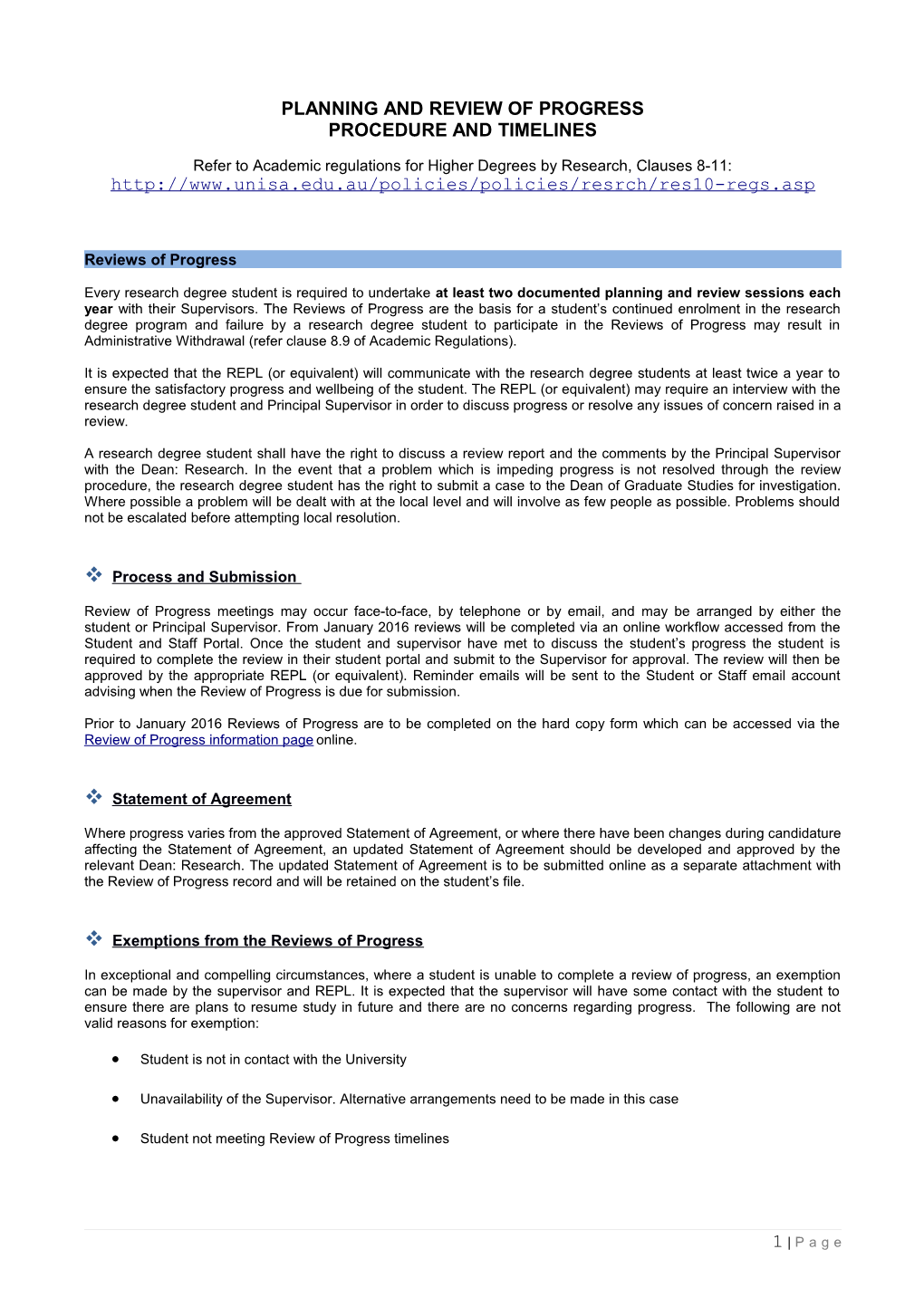 Planning and Review of Progress Procedure and Timelines