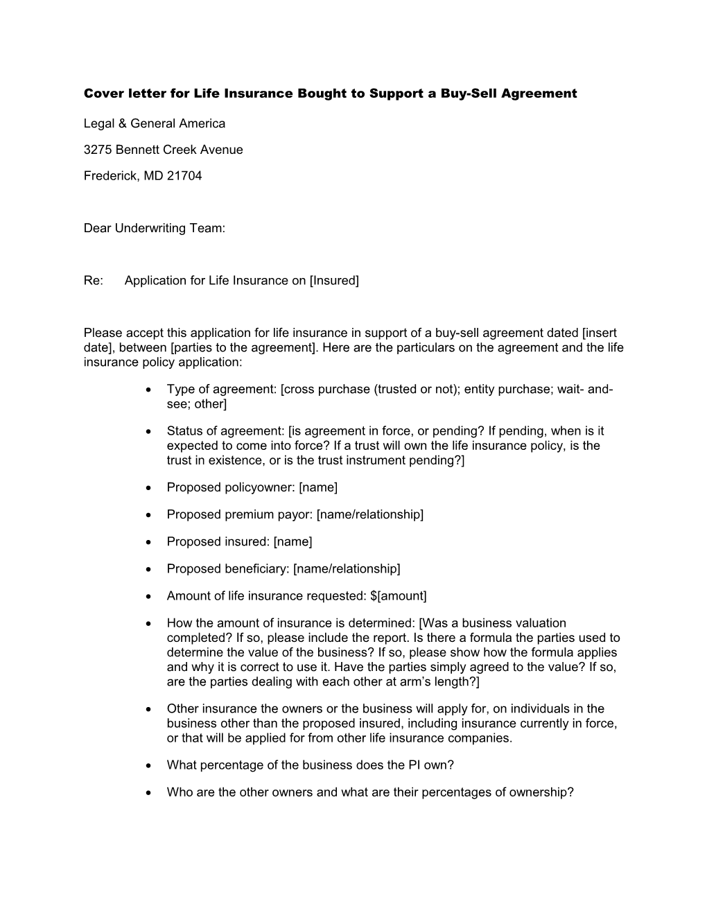Cover Letter for Life Insurance Bought to Support a Buy-Sell Agreement