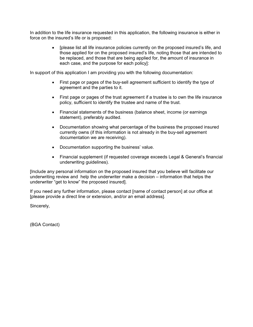 Cover Letter for Life Insurance Bought to Support a Buy-Sell Agreement