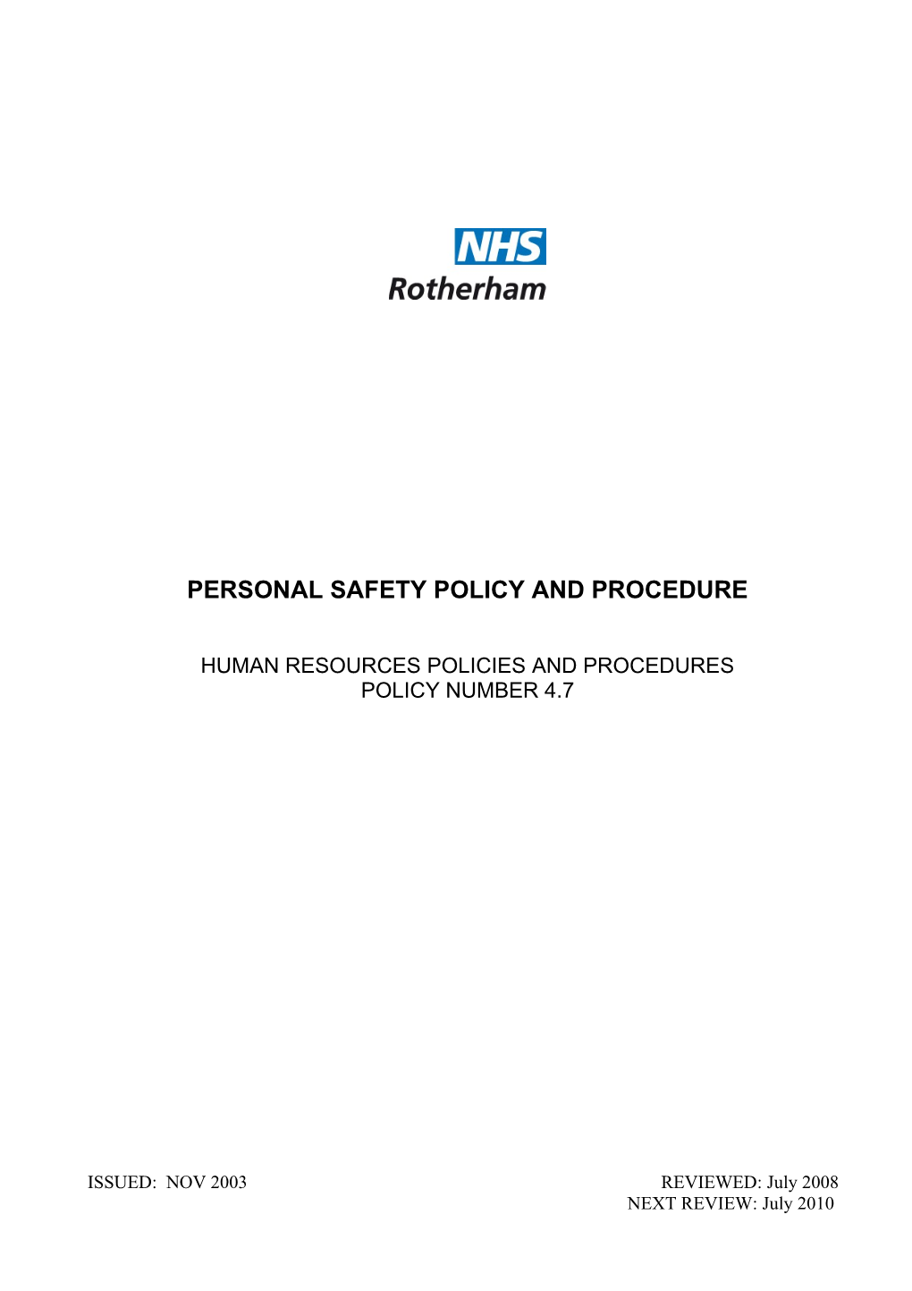 Personal Safety Policy and Procedure