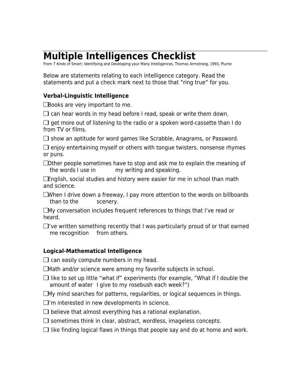 Multiple Intelligences Checklist