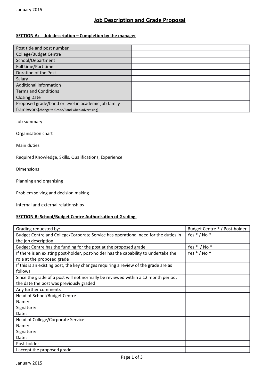 Job Description and Grade Proposal