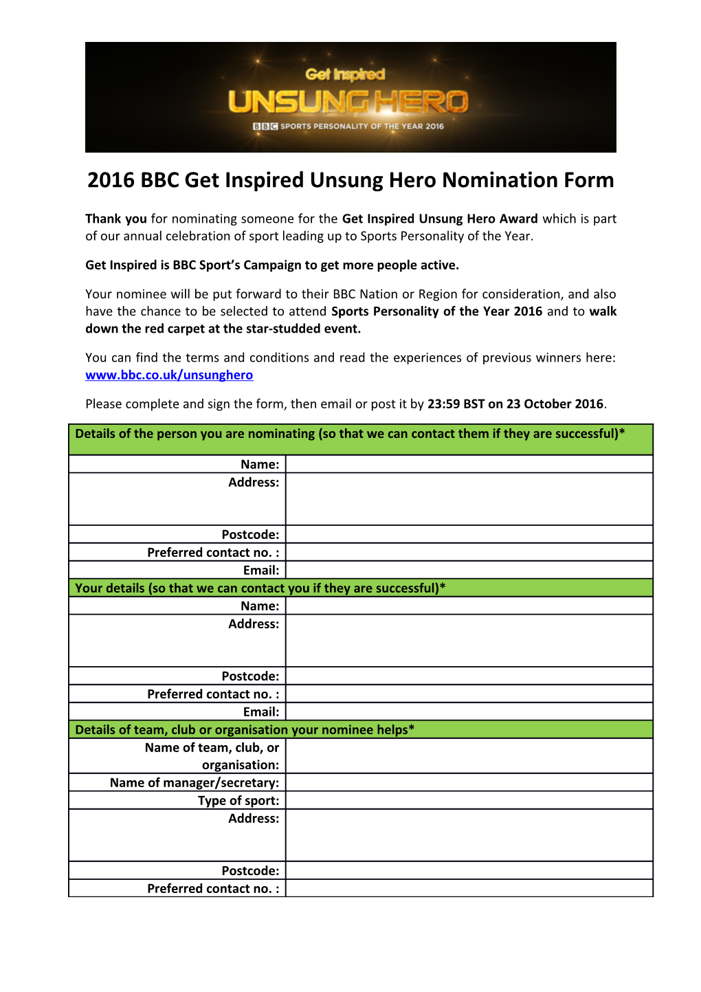 2016 BBC Get Inspired Unsung Hero Nomination Form