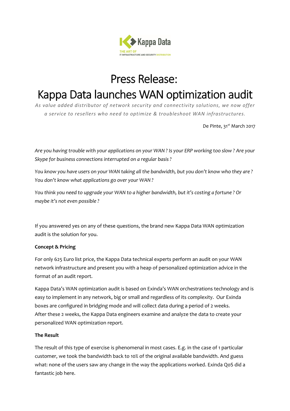 Press Release: Kappa Data Launches WAN Optimization Audit