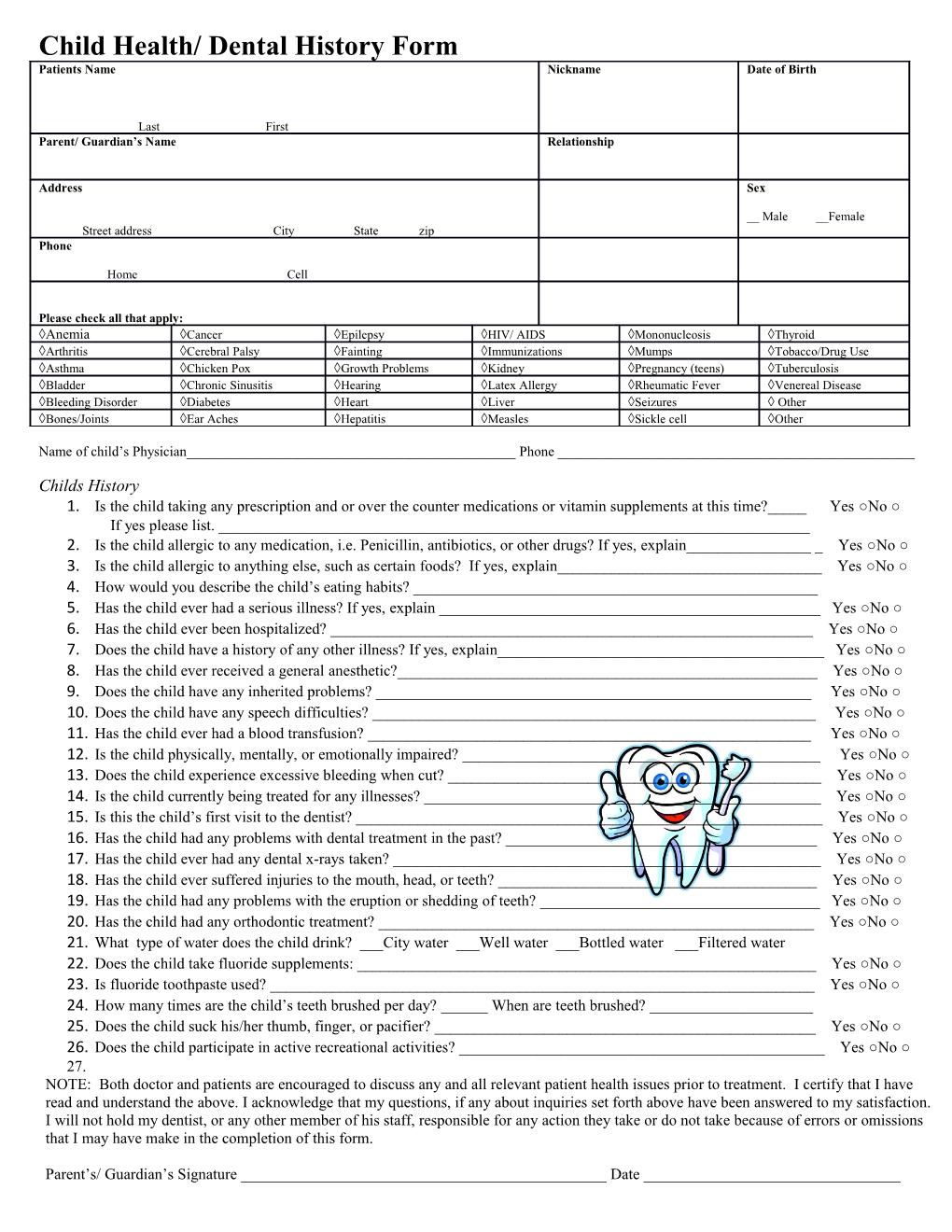 Child Health/ Dental History Form