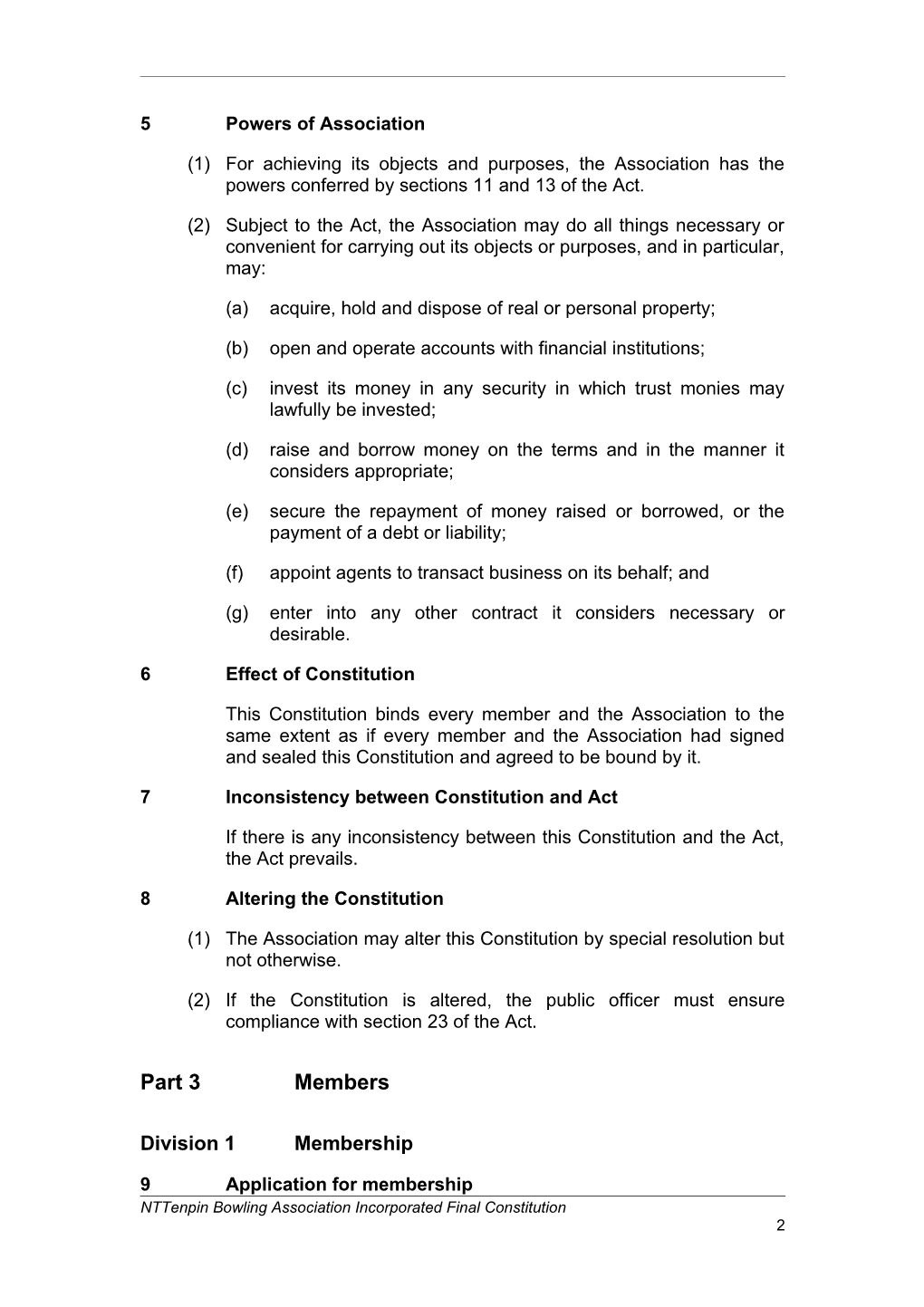 CONSTITUTION of the N.T. Tenpin Bowling Association Incorporated