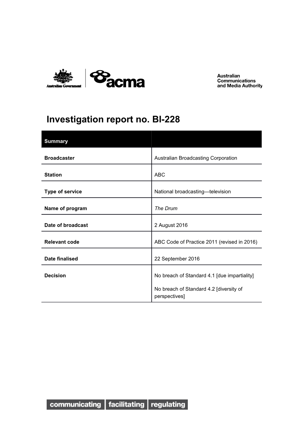 Investigation Report No. BI-228