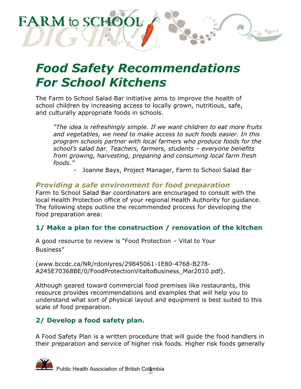 Food Safety Recommendationsfor School Kitchens