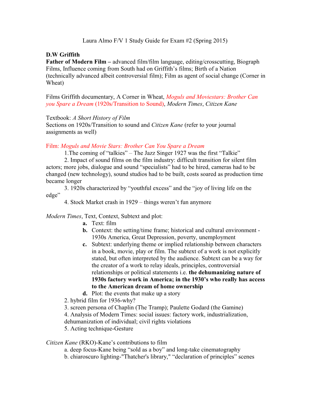 Laura Almo F/V 1 Study Guide for Exam #2 (Spring 2015)