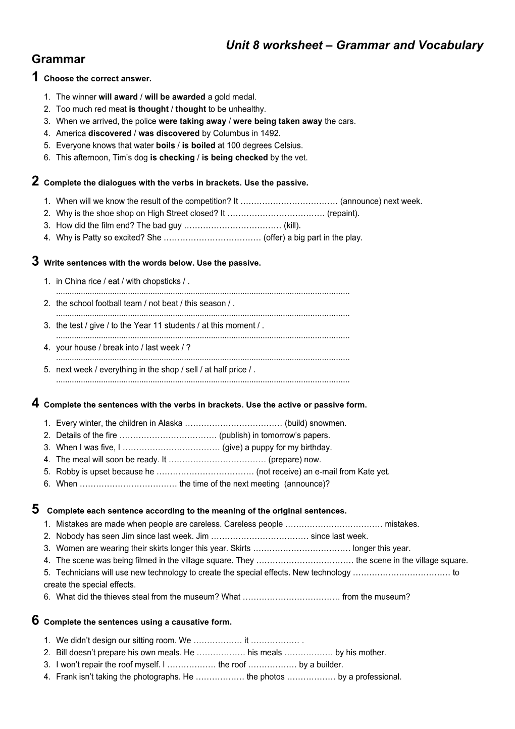 Unit 8 Worksheet Grammar and Vocabulary