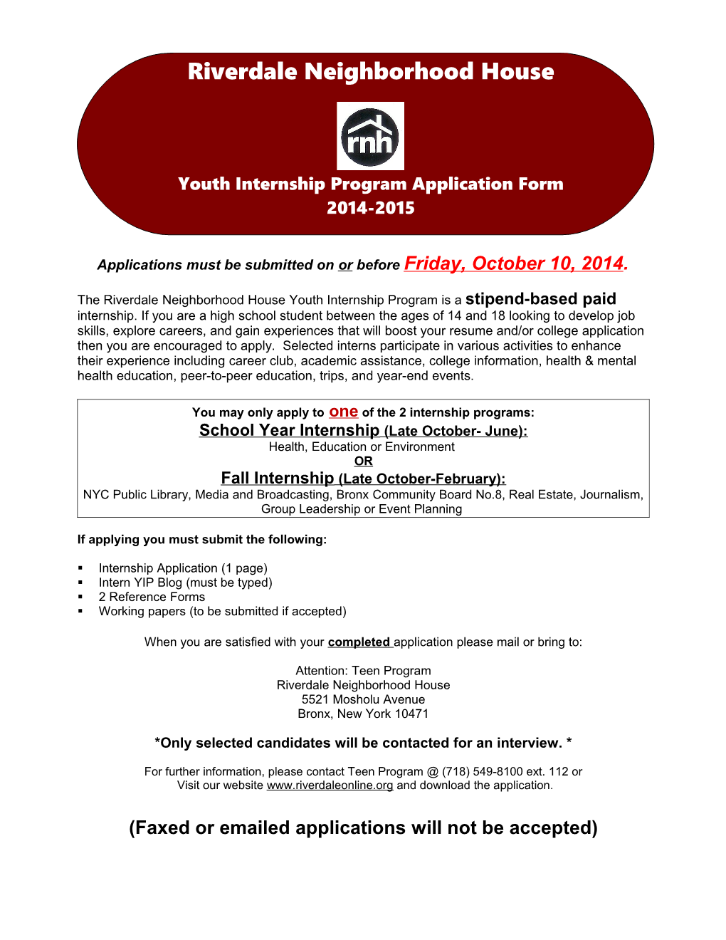 Applications Must Be Submitted on Or Before Friday, October 10, 2014