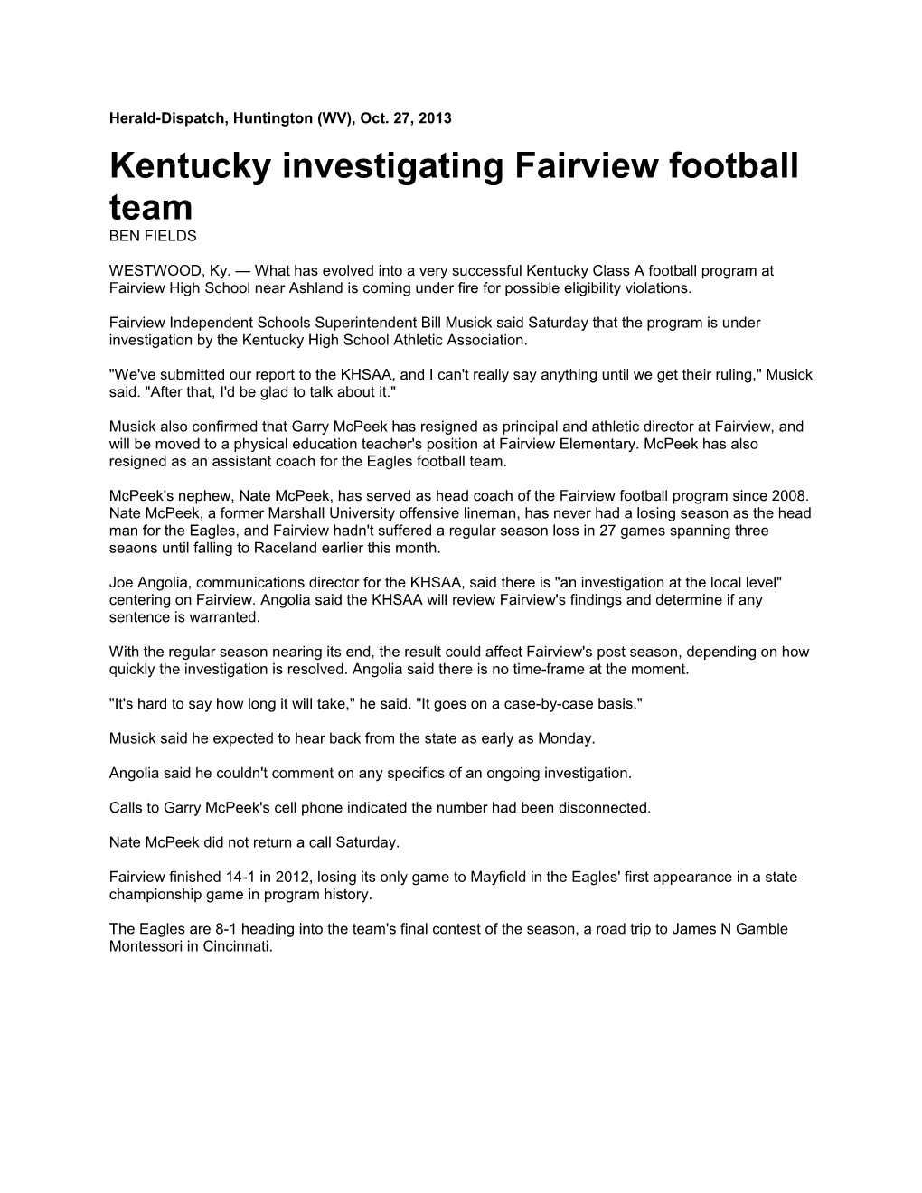 Kentucky Investigating Fairview Football Team