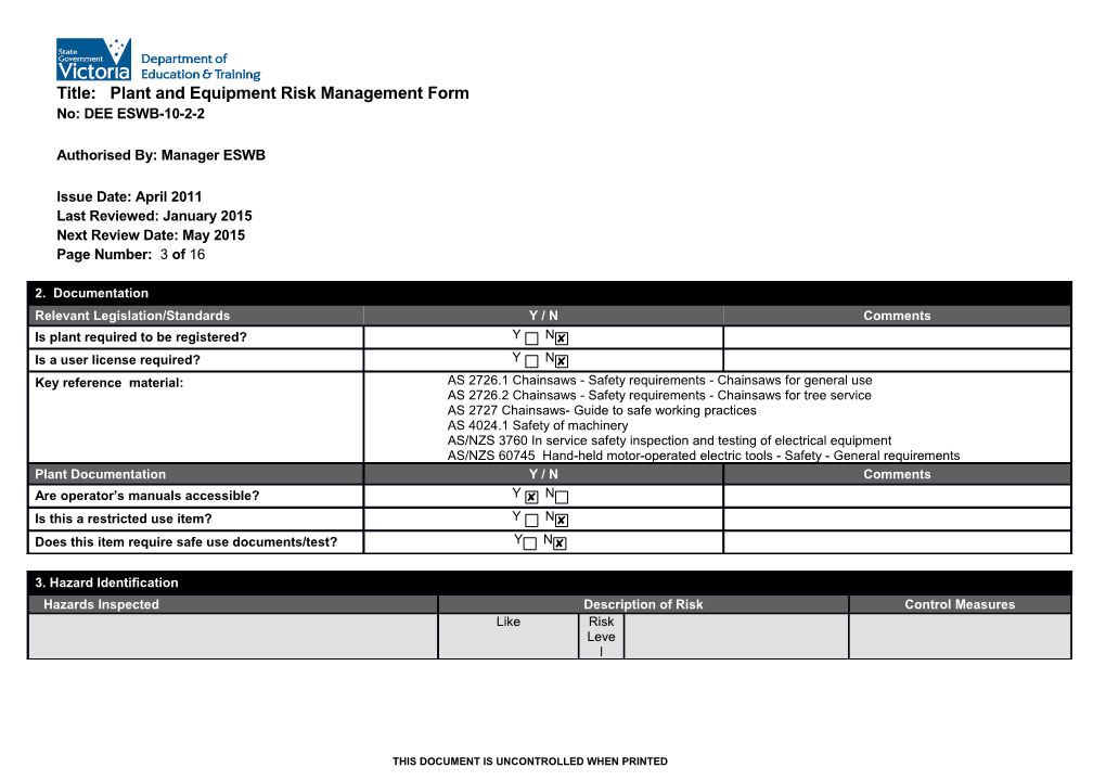 Plant and Equipment Risk Management Form - Power Lopper