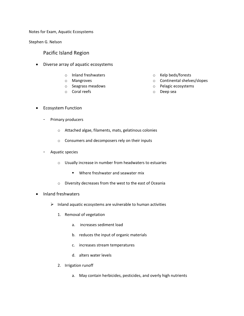 Notes for Exam, Aquatic Ecosystems