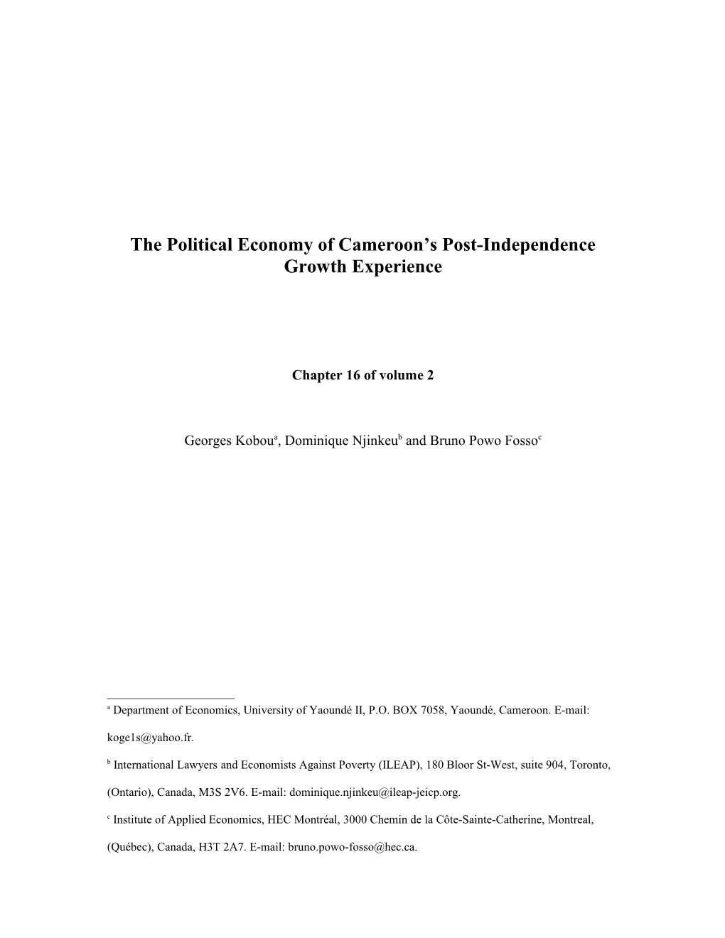 Political Economy of Cameroon S Post-Independence Growth Experience