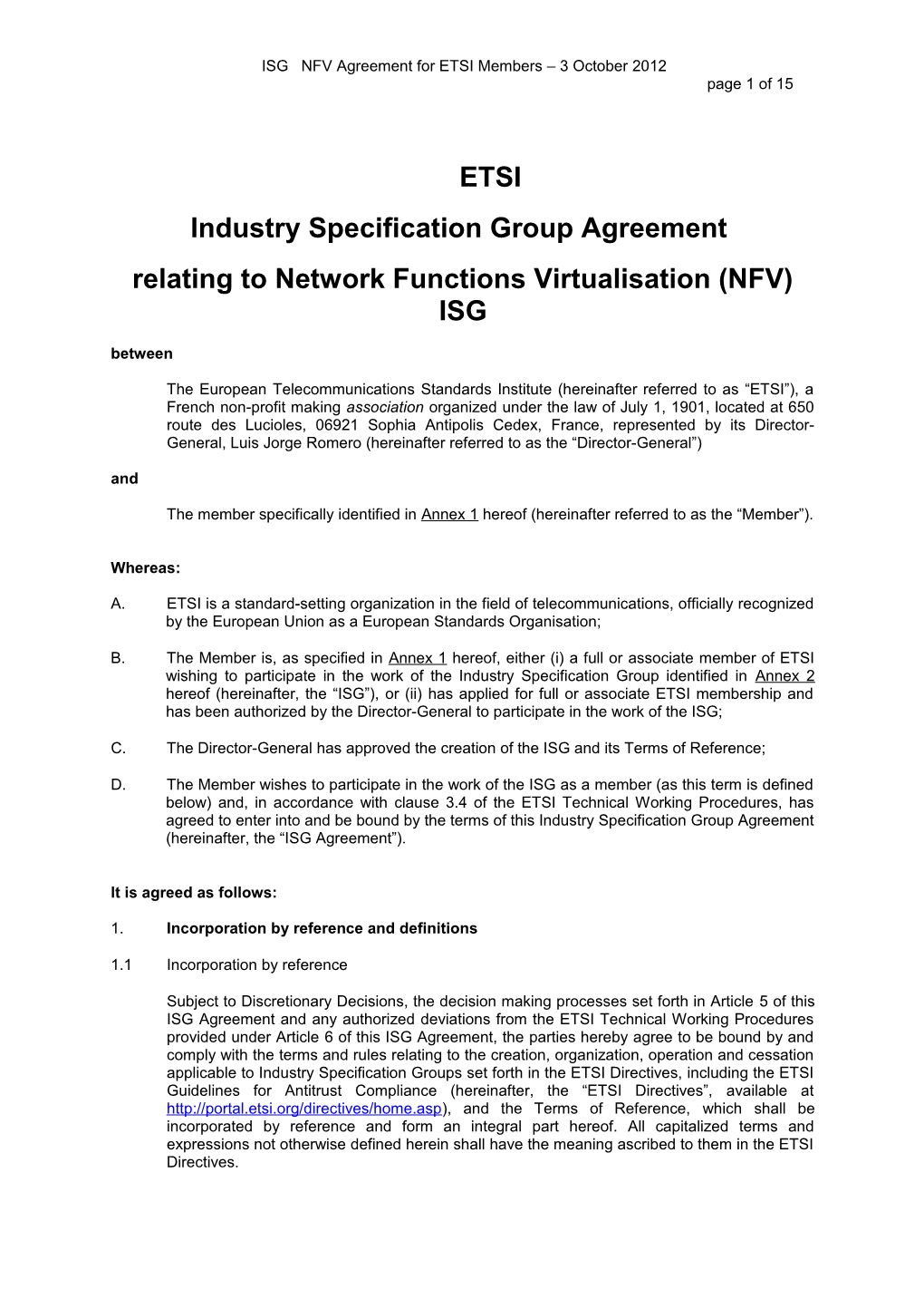 ISG Agreement for ETSI Members