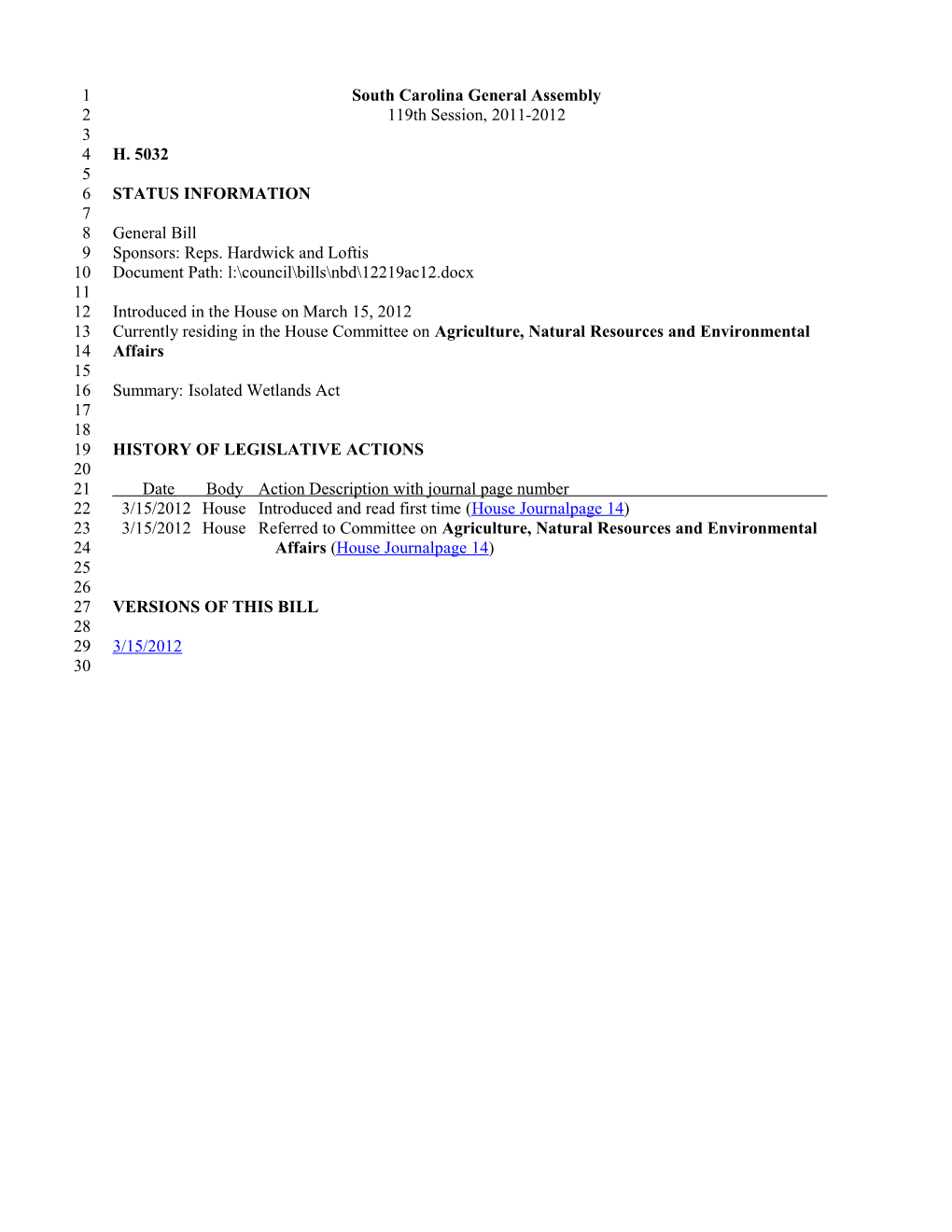 2011-2012 Bill 5032: Isolated Wetlands Act - South Carolina Legislature Online