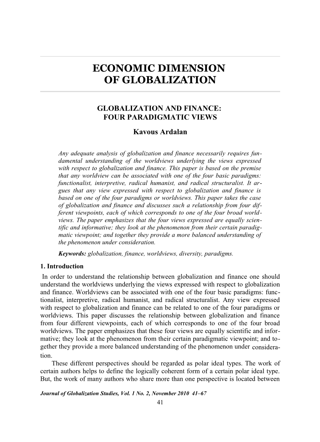 Ardalan Globalization and Finance: Four Paradigmatic Views