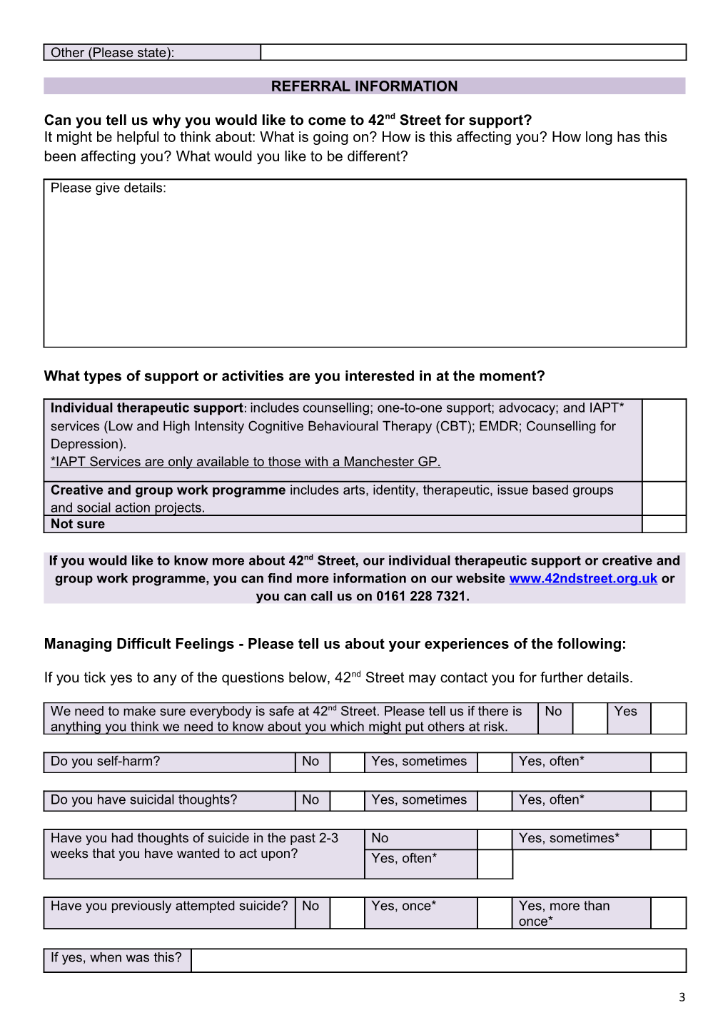 42Nd Street Referral Form Young People, Parents & Carers (Referring 13+ Year Olds)