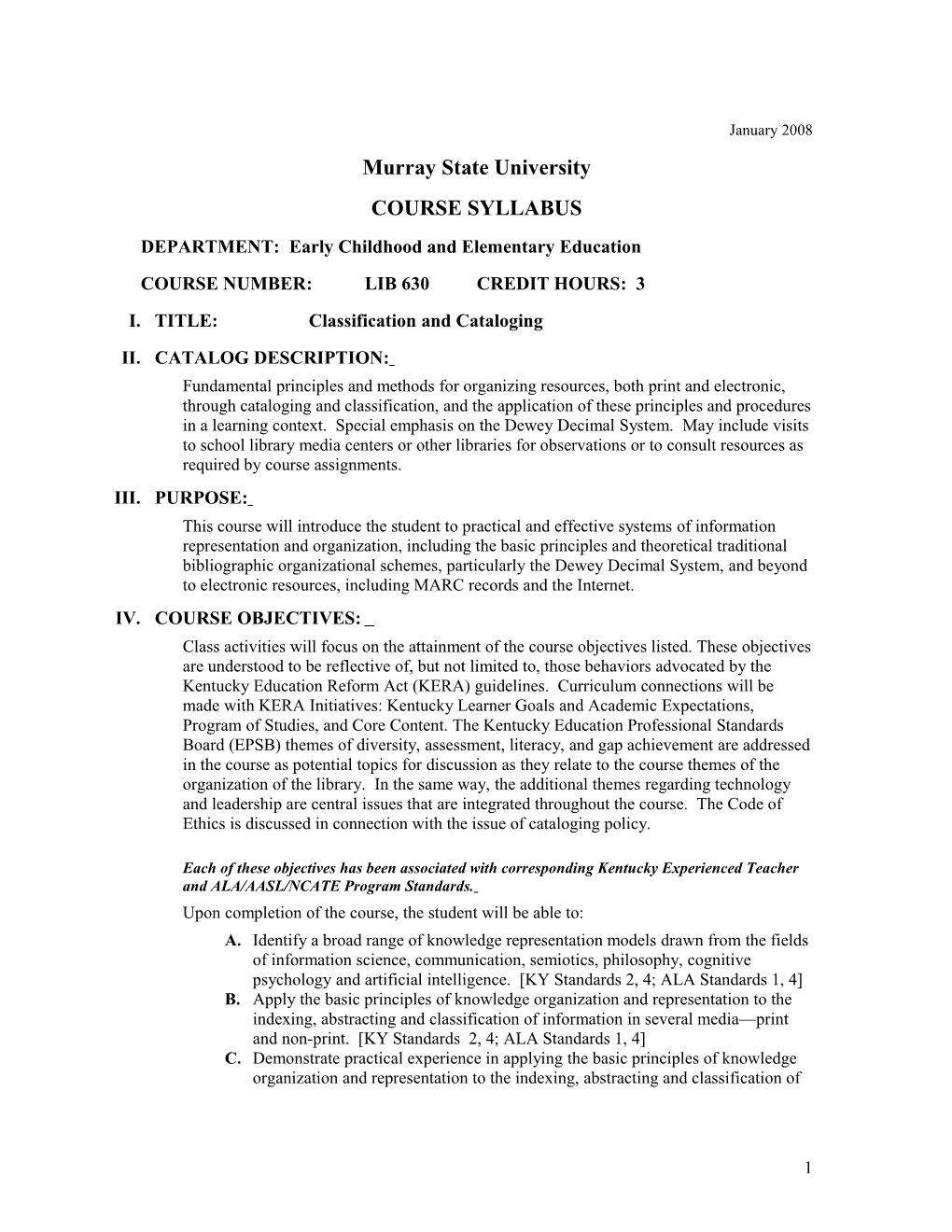 LIB 630 Classification and Cataloging Syllabus