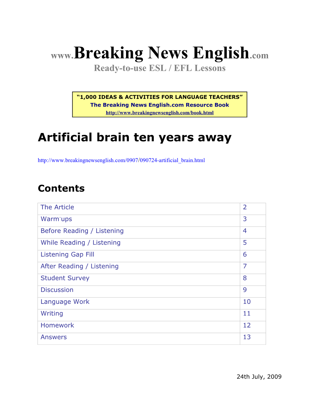 ESL Lesson: Artificial Brain Ten Years Away