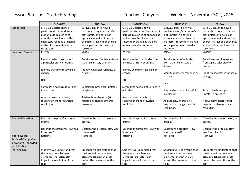 Lesson Plans- 6Th Grade Readingteacher- Conyersweek Of- November 30Th, 2015