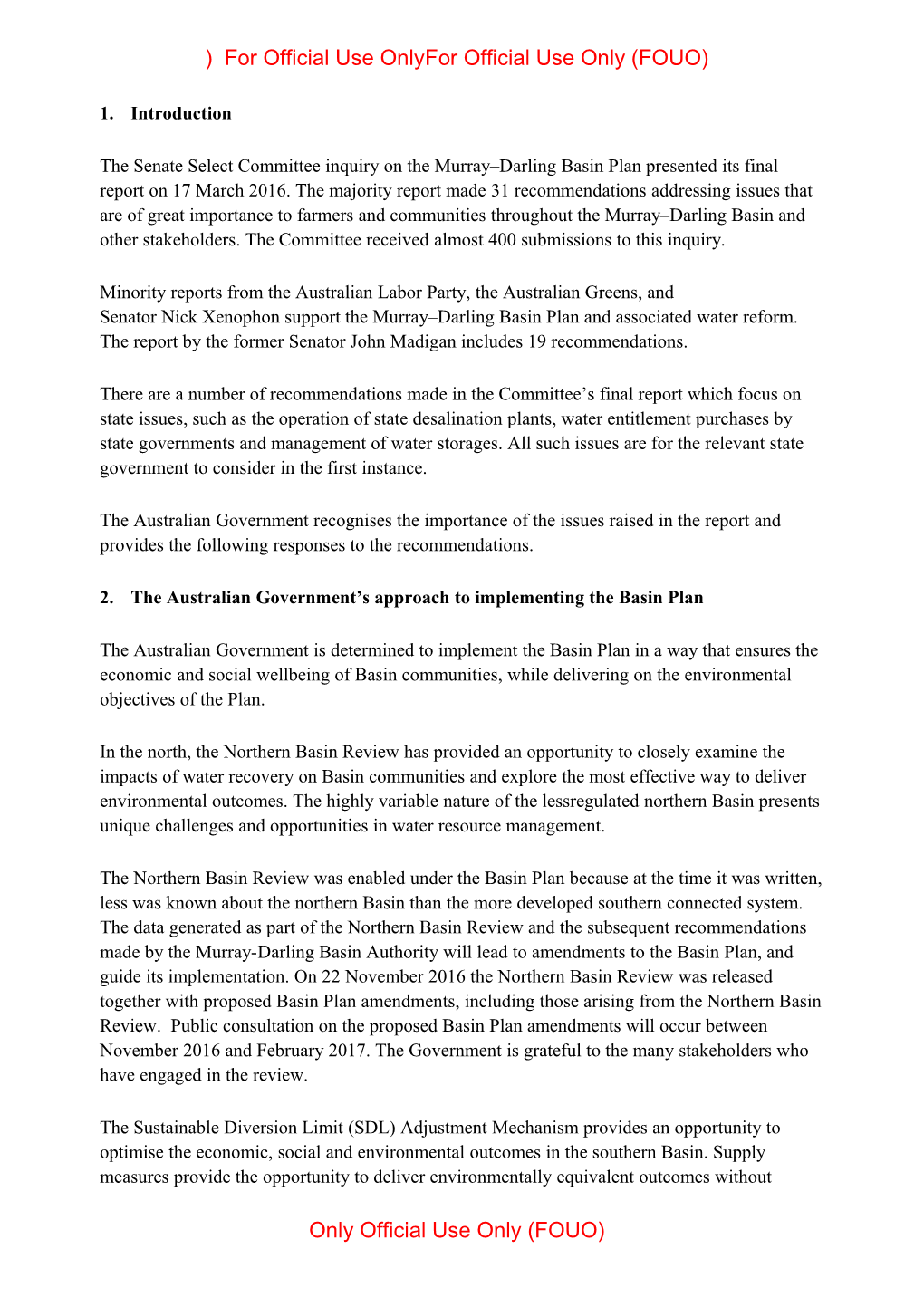 Australian Government Response to the Senate Select Committee on Themurray-Darling Basin